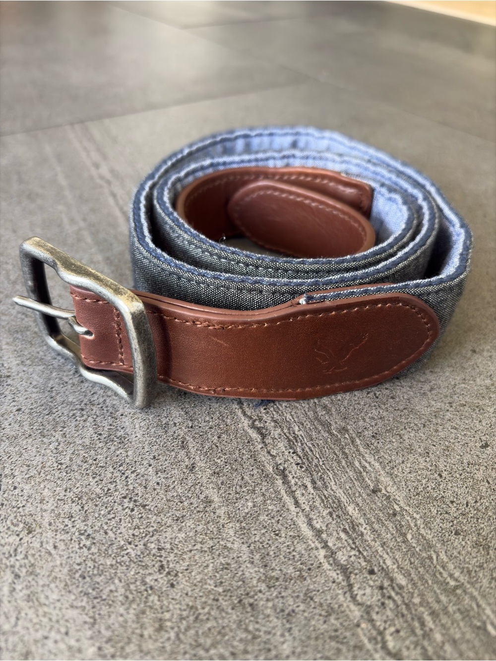 Men’s Denim & Leather Belt Silver Buckle Casual Jean Belt